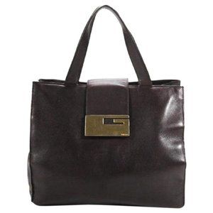 Gucci Vintage Dark Brown Leather Satchel with Gold Square G Tote Closure